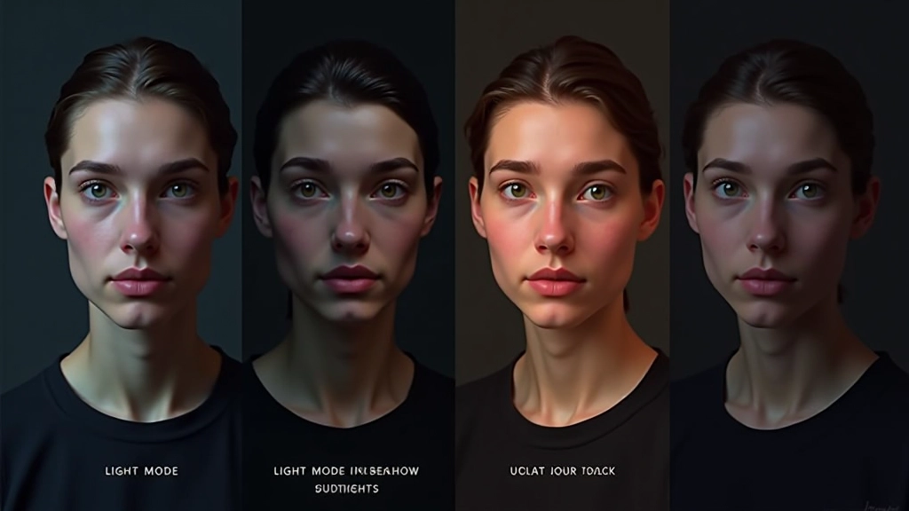 Grafik zeigt vier verschiedene Dark Mode Farbpaletten nebeneinander: zu helles Grau, perfekter mittlerer Grauton, zu intensives Rot, und optimiertes gedämpftes Rot mit Vergleichsbeschriftungen