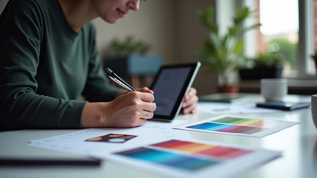 Designer arbeitet an Farbpaletten für dunkles Theme auf dem Tablet