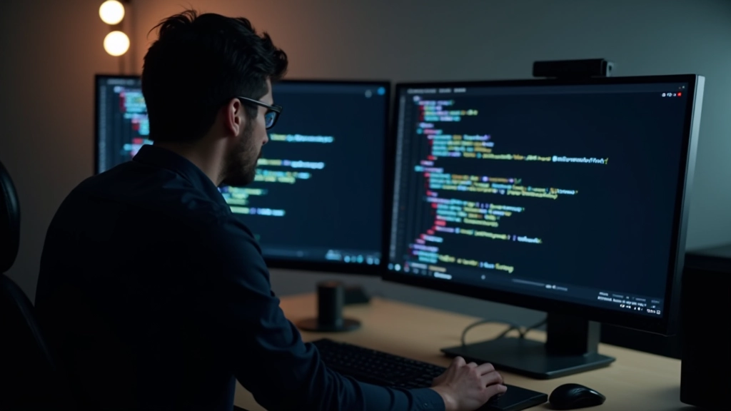 Developer arbeitet am Code-Editor mit zwei nebeneinander geöffneten Browserfenstern: Links Light Mode, rechts Dark Mode Ansicht mit CSS-Code visible