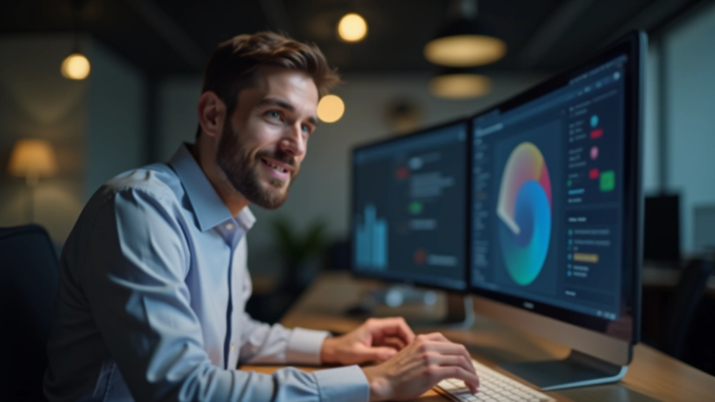 Zufriedener Designer überprüft perfekten Text-Kontrast auf Monitor in Dark Mode