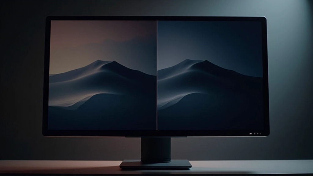 Monitor mit Split-Ansicht: Links Light Mode mit hellem Hintergrund, rechts Dark Mode mit dunklem Hintergrund und deutlichem Kontrast-Unterschied